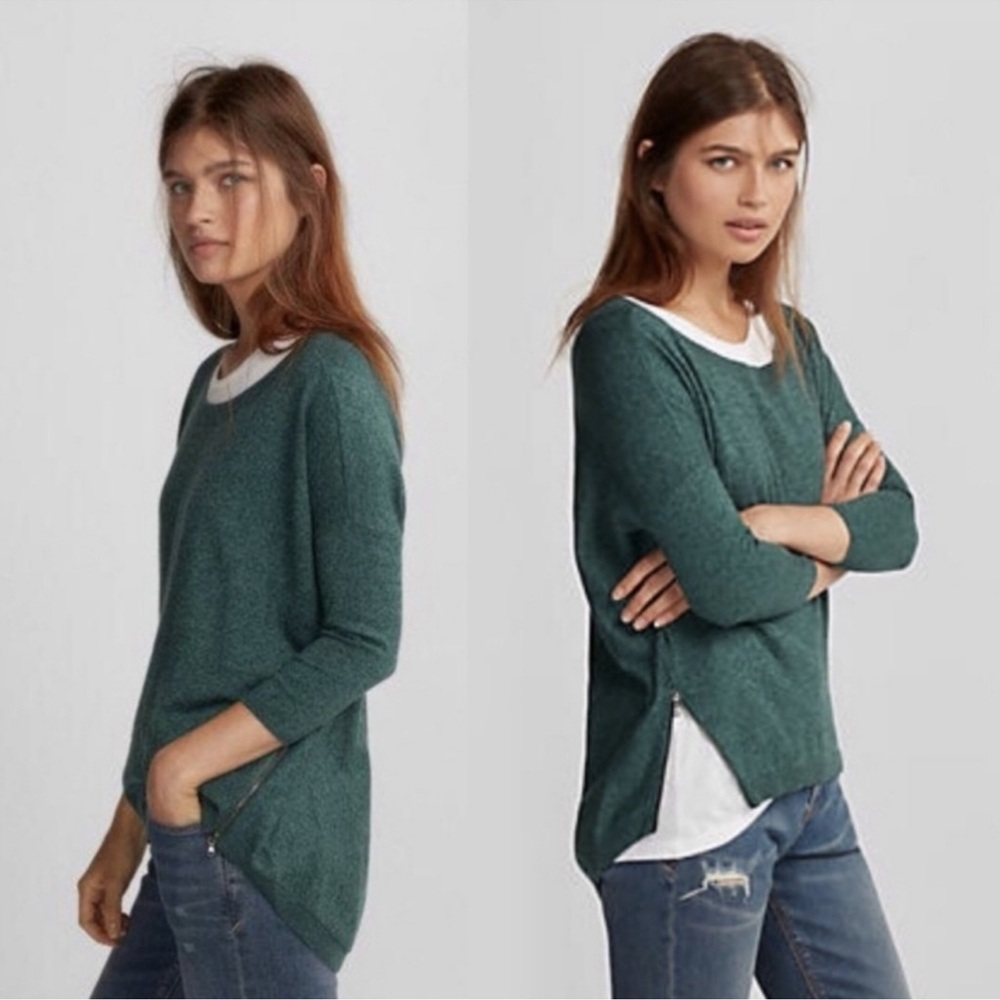 EXPRESS Women’s Green Oversized Hi-Low Sweater with Zipper Side Accents - XS